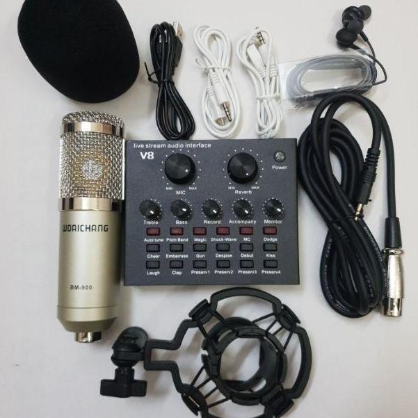 COMBO míc THU ÂM hát LIVESTREAM karaoke microBM900 SOUND CARD V8 TẶNG TAI NGHE