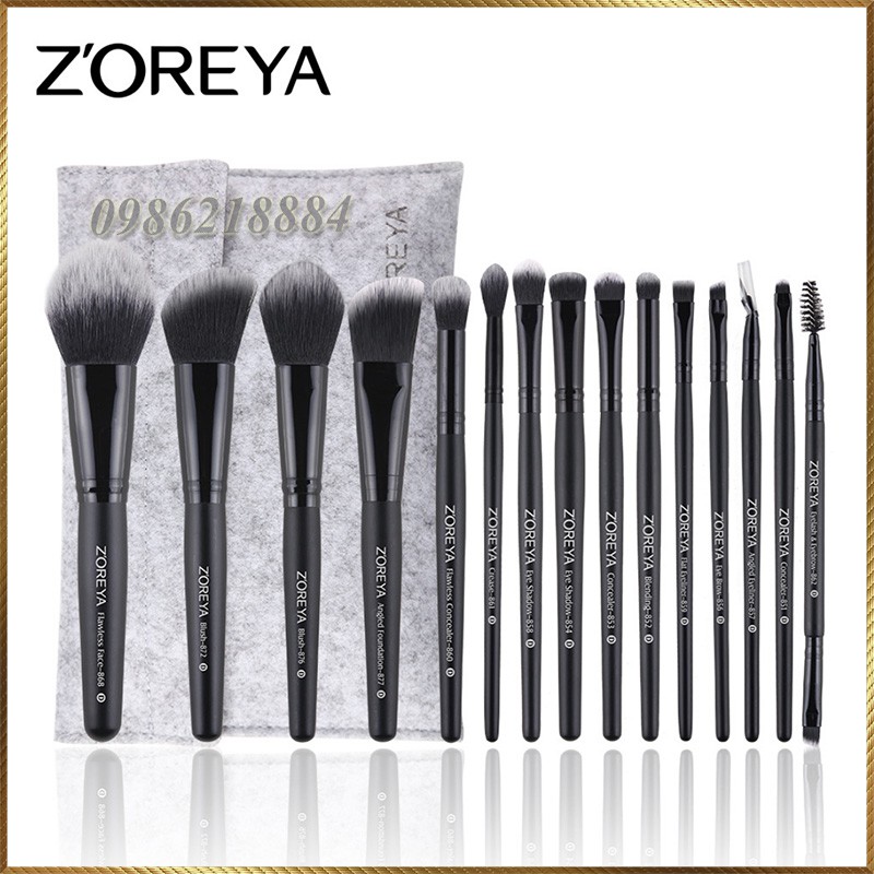 Bộ cọ trang điểm makeup ZOREYA 15 cọ đen túi xám MZ15