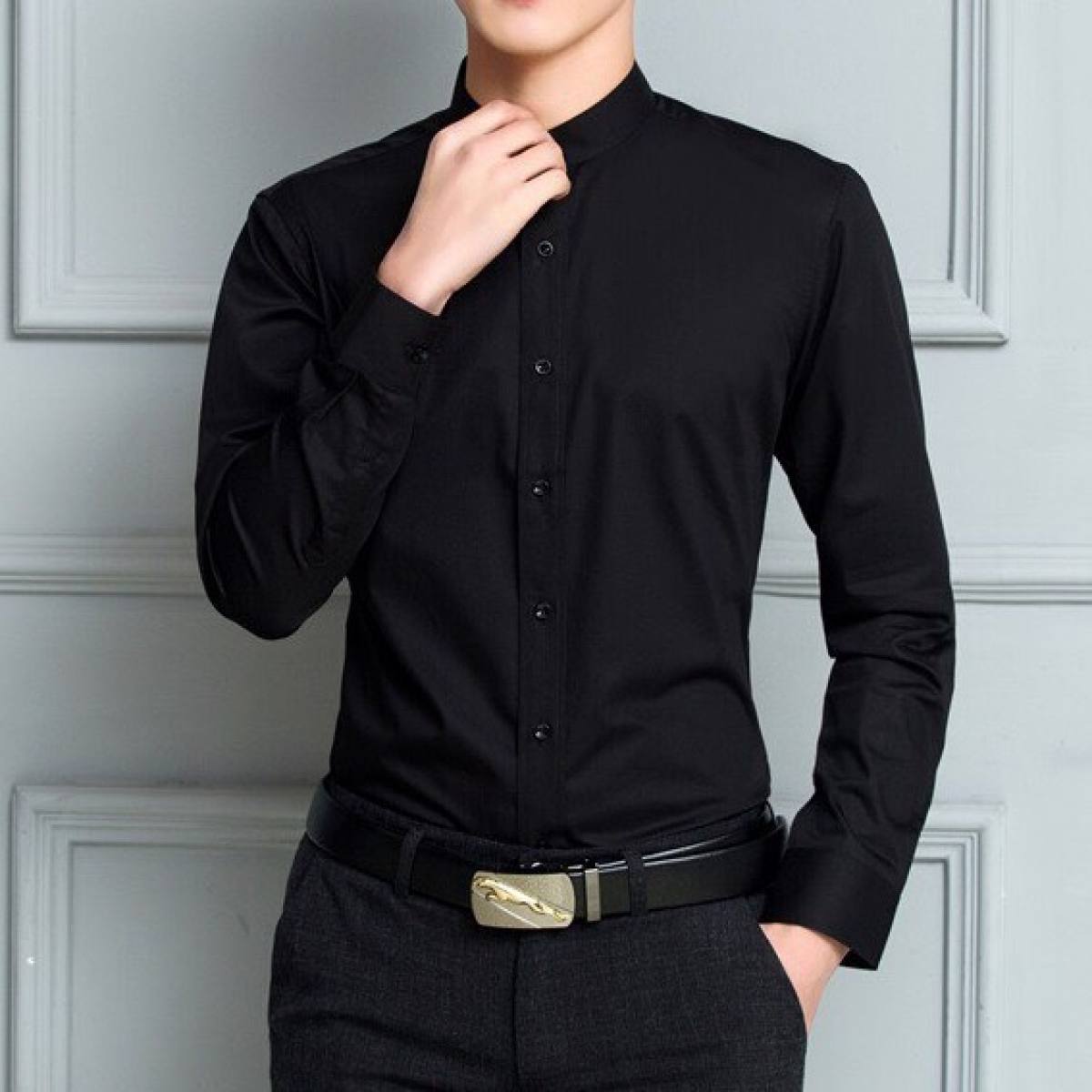 Áo sơ mi nam cổ tàu dài tay chất liệu vải chống nhăn thiết kế cổ trụ dáng ôm body siêu đẹp thích hợp đi chơi đi tiệc du lịch công sở