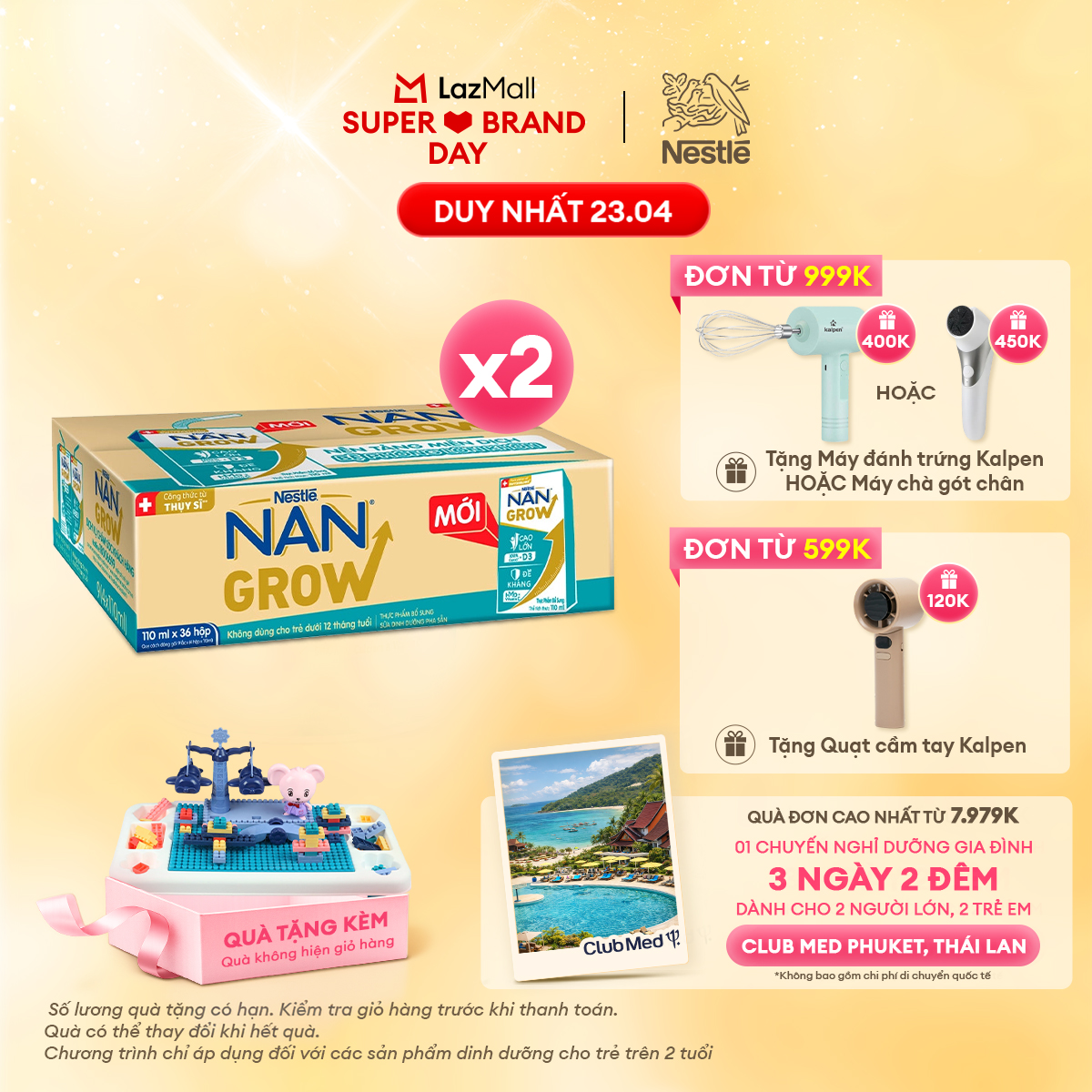 [CHỈ 23.04 QT Đơn 599K/999K] [Tặng Đồ chơi xếp hình công viên giải trí] 2 Thùng 36 hộp Sữa pha sẵn Nestlé NANGROW 110ml/hộp sữa mát công thức từ Thụy Sĩ 100% Canxi giúp bé cao lớn vượt trội