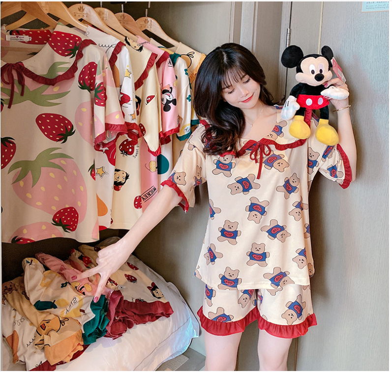Bộ lụa nữ, quần đùi áo cộc, cổ lá sen thắt nơ, diềm bèo lá cổ, cổ tay và gấu quần