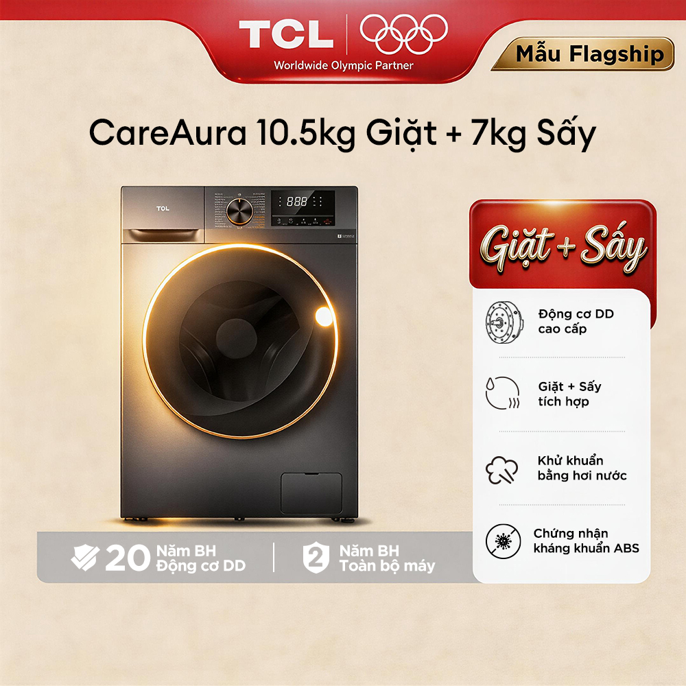 【 FREE LẮP ĐẶT CƠ BẢN TOÀN QUỐC】Máy giặt sấy TCL Care Aura 10.5KG - Động Cơ DD Inverter Cao Cấp - TCL TWD105-P122DG - Máy Giặt Sấy Cửa Trước