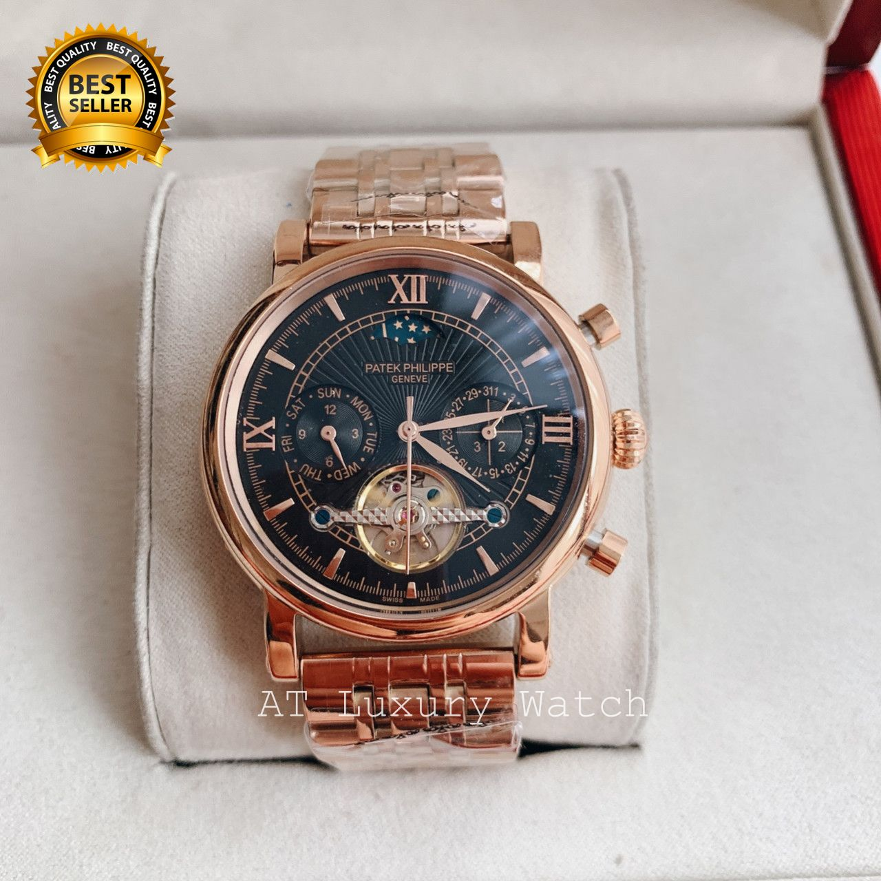 Đồng Hồ Thời Trang Nam Patek Automatic Lộ 1 Tim cao cấp vàng hồng chống nước lịch Sun & Moon