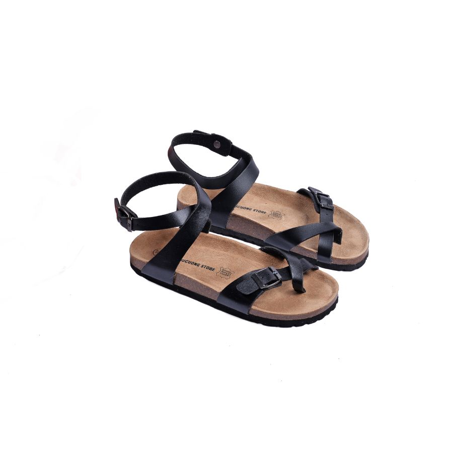 Giày Sandal đế trấu unisex Xỏ Ngón Cổ xoắn da pu đen
