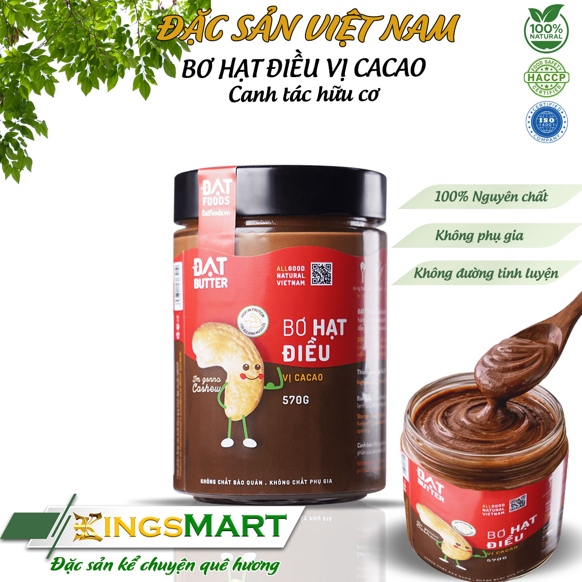 [Nutri&Thuần chay] Bơ hạt điều vị cacao Không Đường - Thương hiệu ĐẠT FOODS - Hũ 210g/570g - Kingsmart