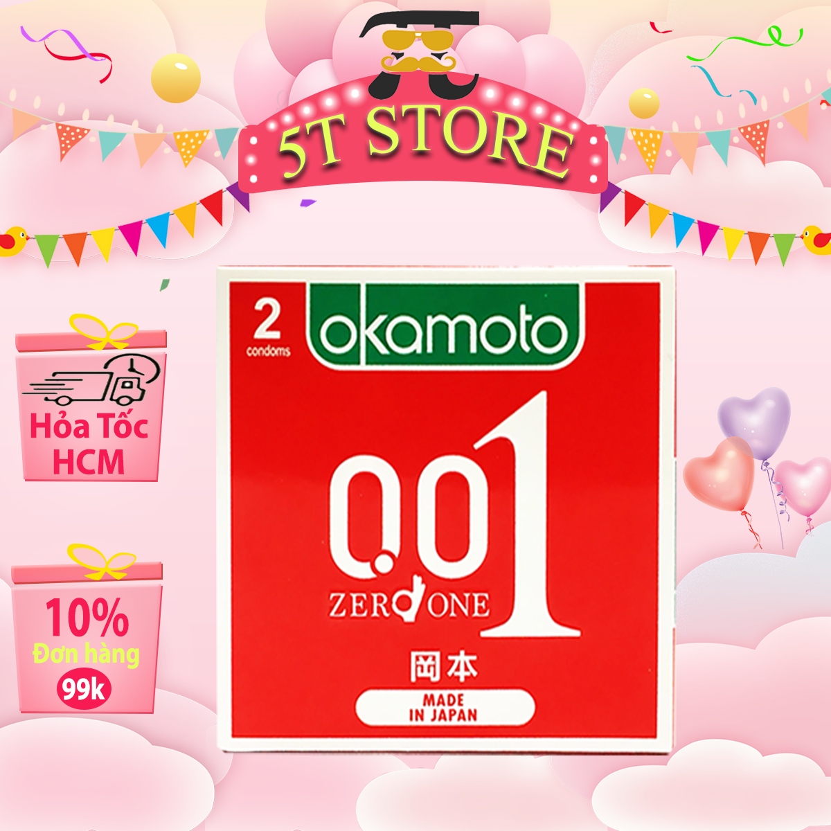 Bao Cao Su Siêu Mỏng 0.01mm Okamoto PU - Độ Bền Gấp 3 Lần BCS Thường - Cảm Giác Chân Thật - Hộp 2 Cái - 5T STORE