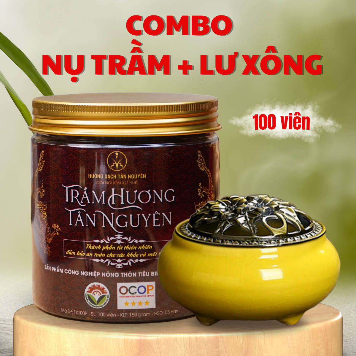 Combo nụ trầm hương Tân Nguyên và lư xông theo mệnh, trầm hương, trầm hương xông nhà hộp 100 viên