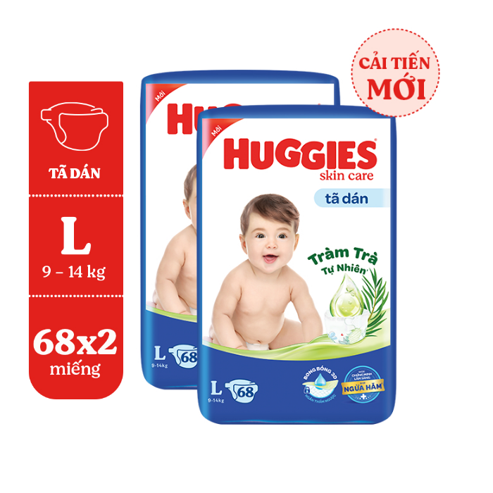 Combo 2 gói Tã dán Huggies size L68 (68 miếng x 2) cân nặng 9 kg -13 kg