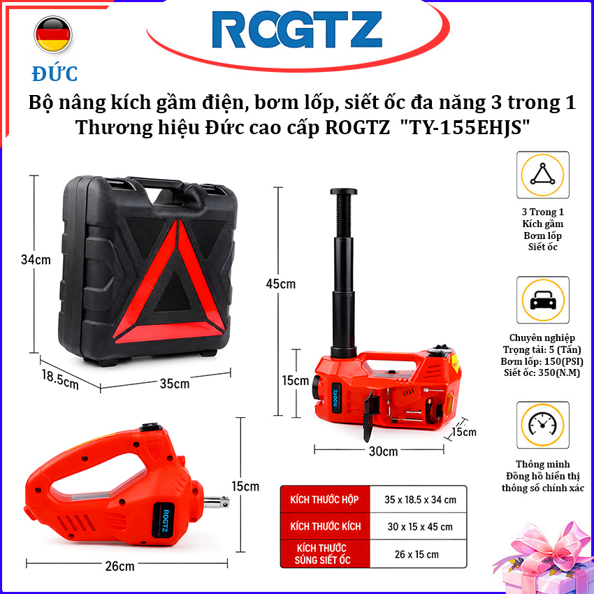 Bộ nâng kích gầm điện, kiêm máy bơm lốp và máy siết ốc ô tô đa năng 3 trong 1 nhãn hiệu ROGTZ TY-155EHJS, tải trọng 5 tấn - Hàng chính hãng, bảo hành 24 tháng