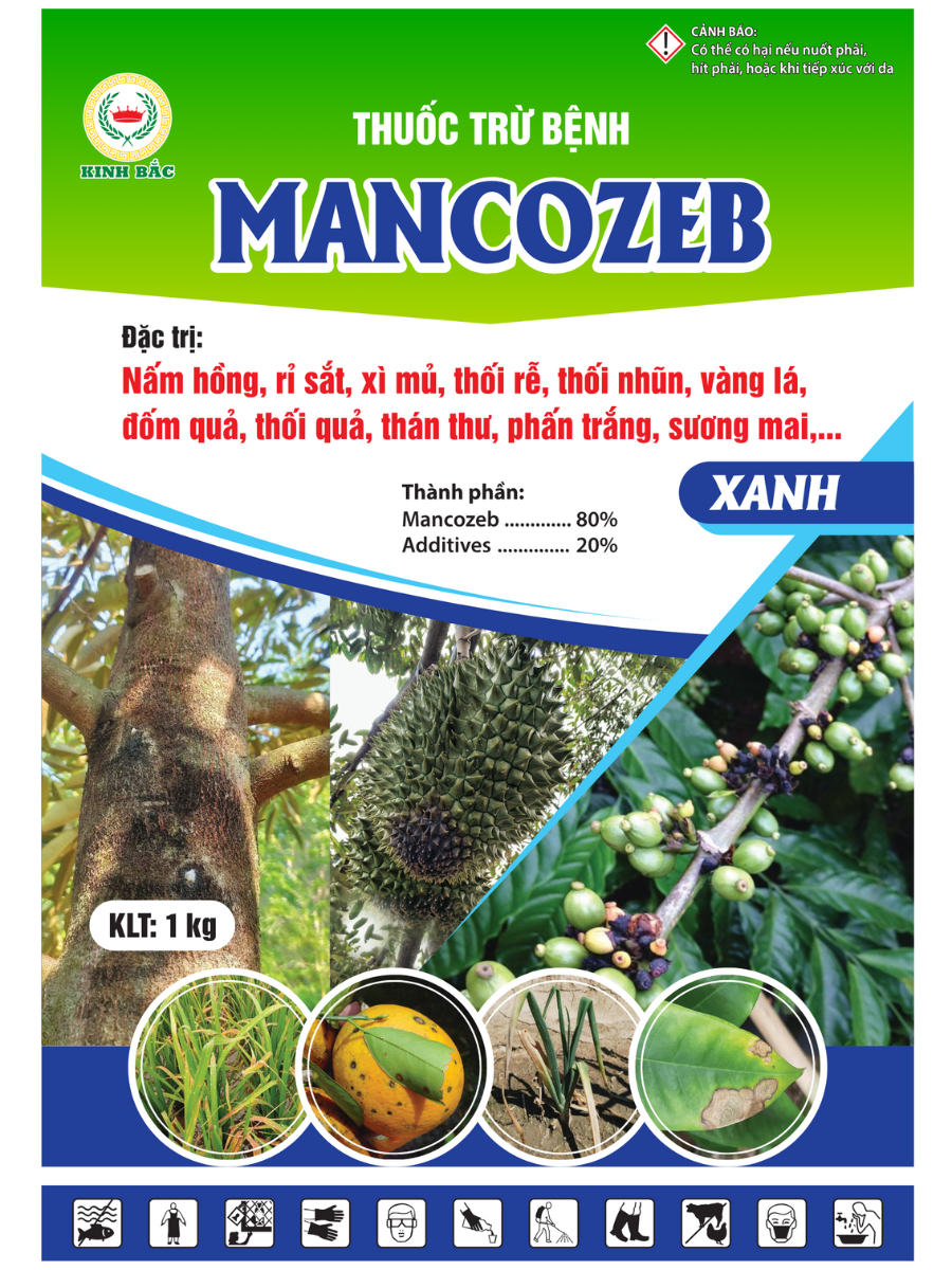 MANCOZEB XANH gói 1KG, Hiệu Kinh Bắc. phòng ngừa Đốm vàng lá, thán thư, sương mai, mốc sương, xỉ mủ,...