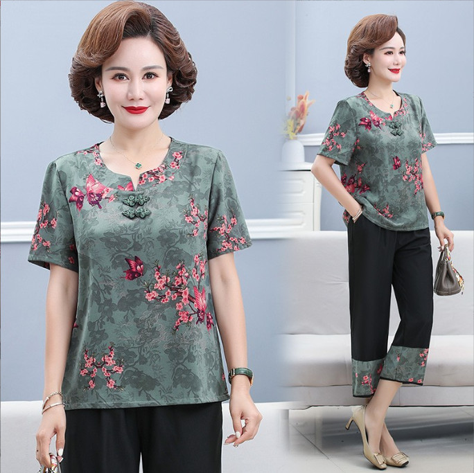 Bộ đồ ống rộng chất lụa cho mẹ trung niên / Set thời trang dự tiệc cho mẹ trung tuổi