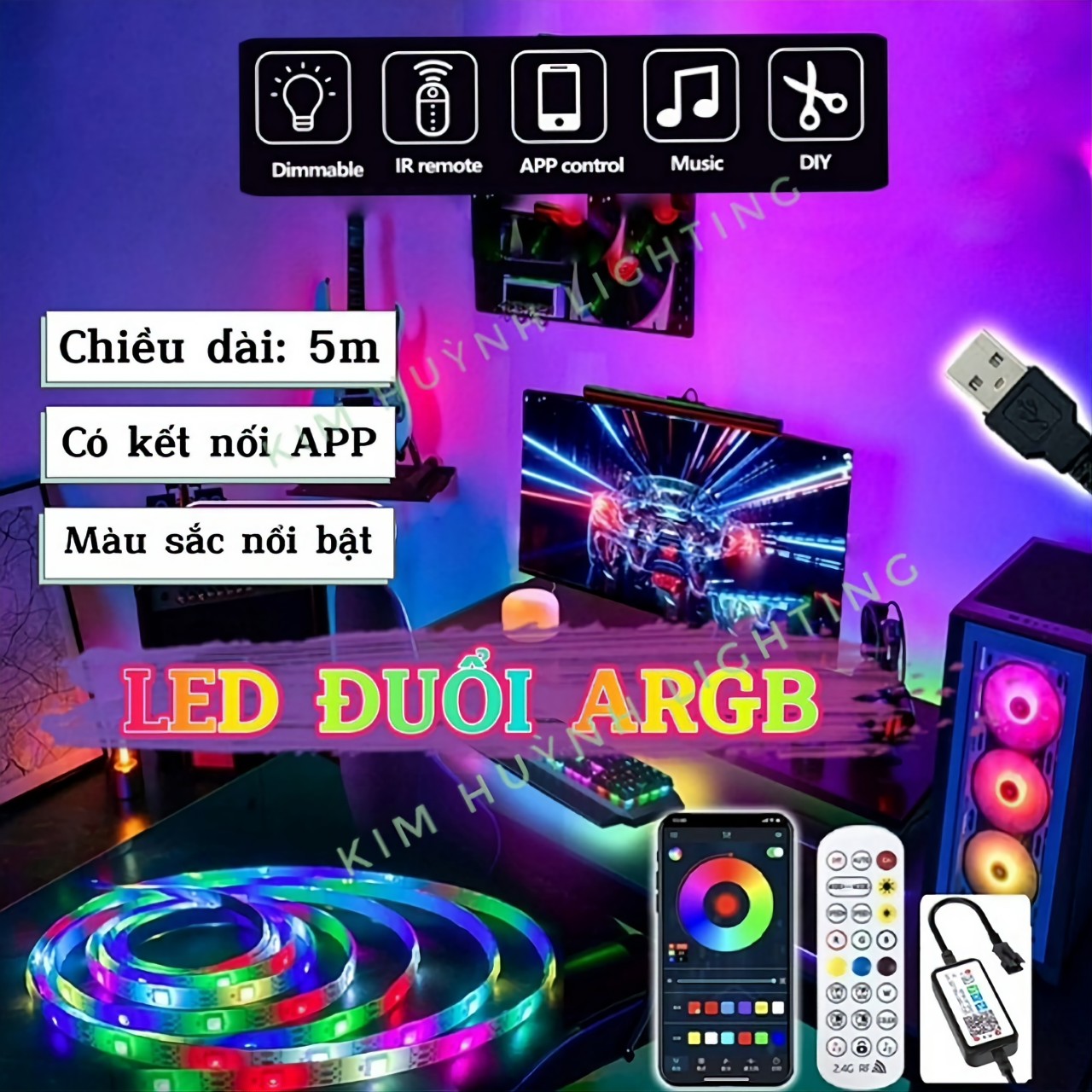 Dây đèn led đuổi argb 16 triệu màu ws2812b full màu, điều khiển qua app kèm remote