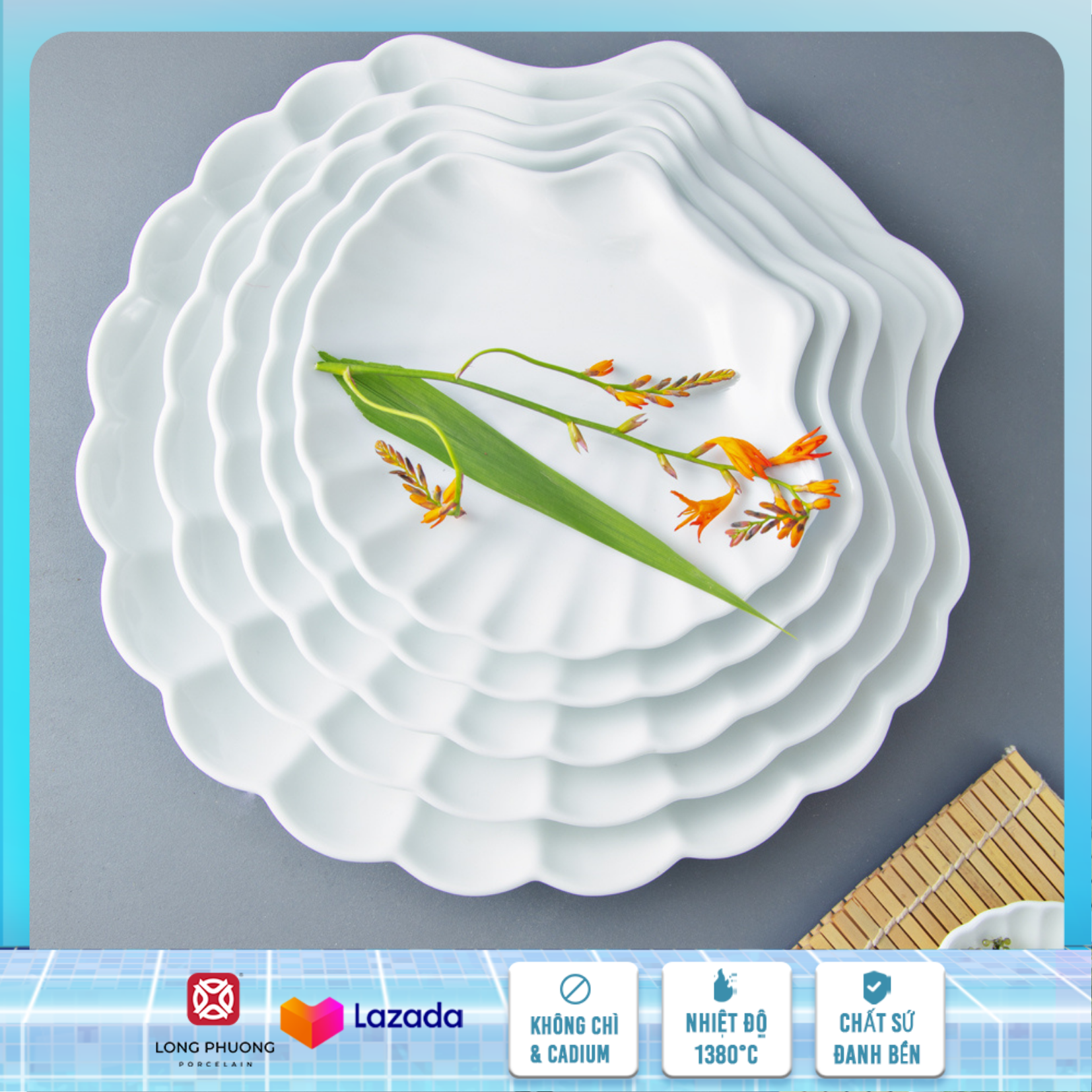 Đĩa sò - đĩa sứ trắng hình vỏ sò, đĩa sứ vỏ sò, đĩa sò sứ bày đồ ăn Long Phương Size Nhỏ 3inch - 7inch