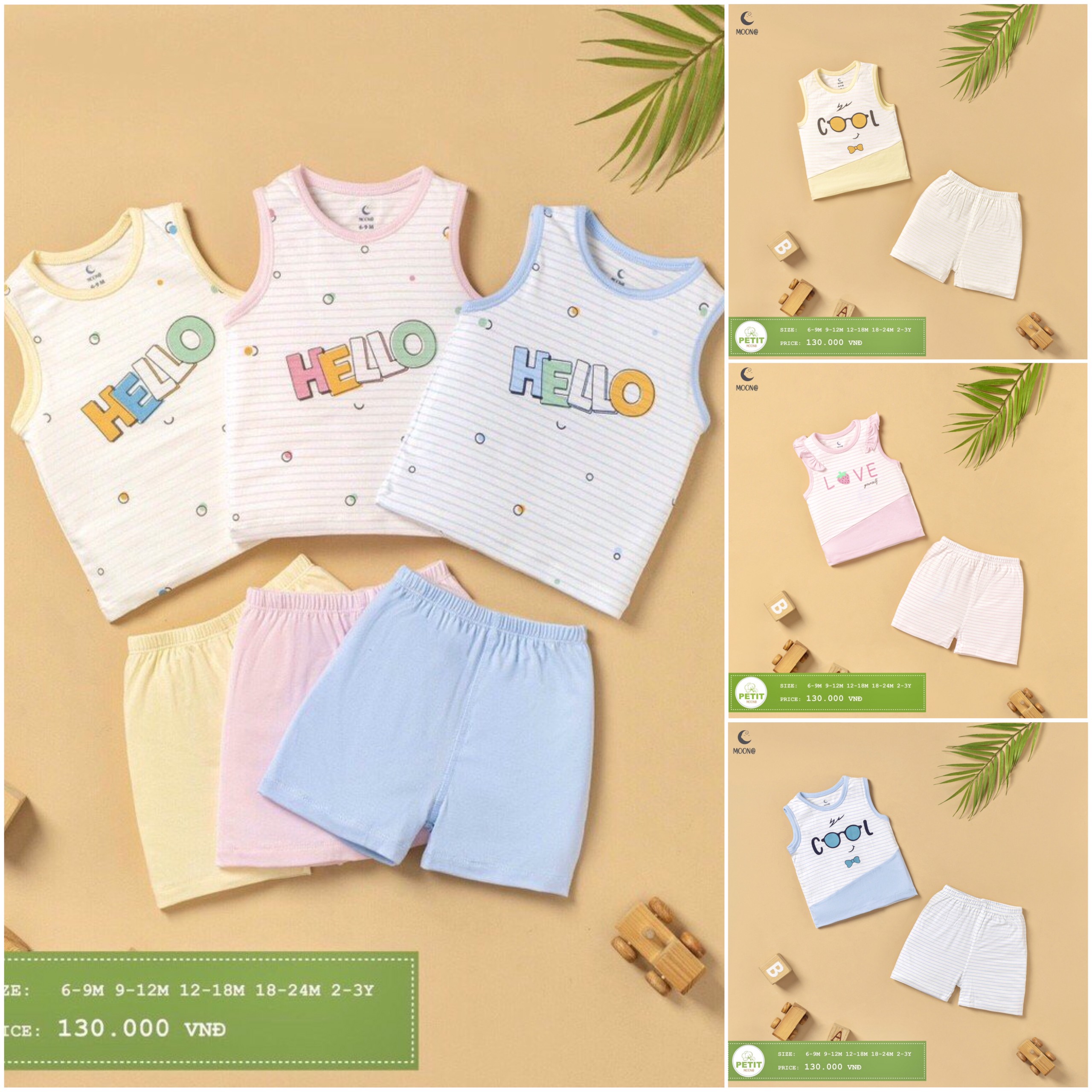 Bộ ba lỗ petit họa tiết kẻ trẻ em Moon