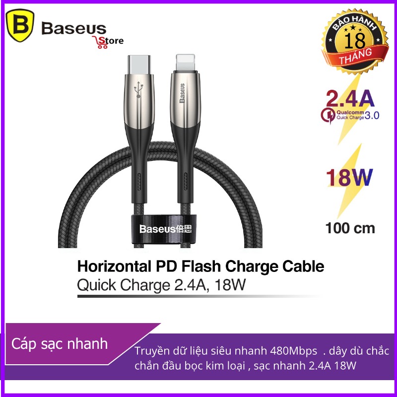 Cáp sạc nhanh baseus horizontal pd flash charge đã hỗ trợ ip 11 , ip 11 pro , ip 11 pro max