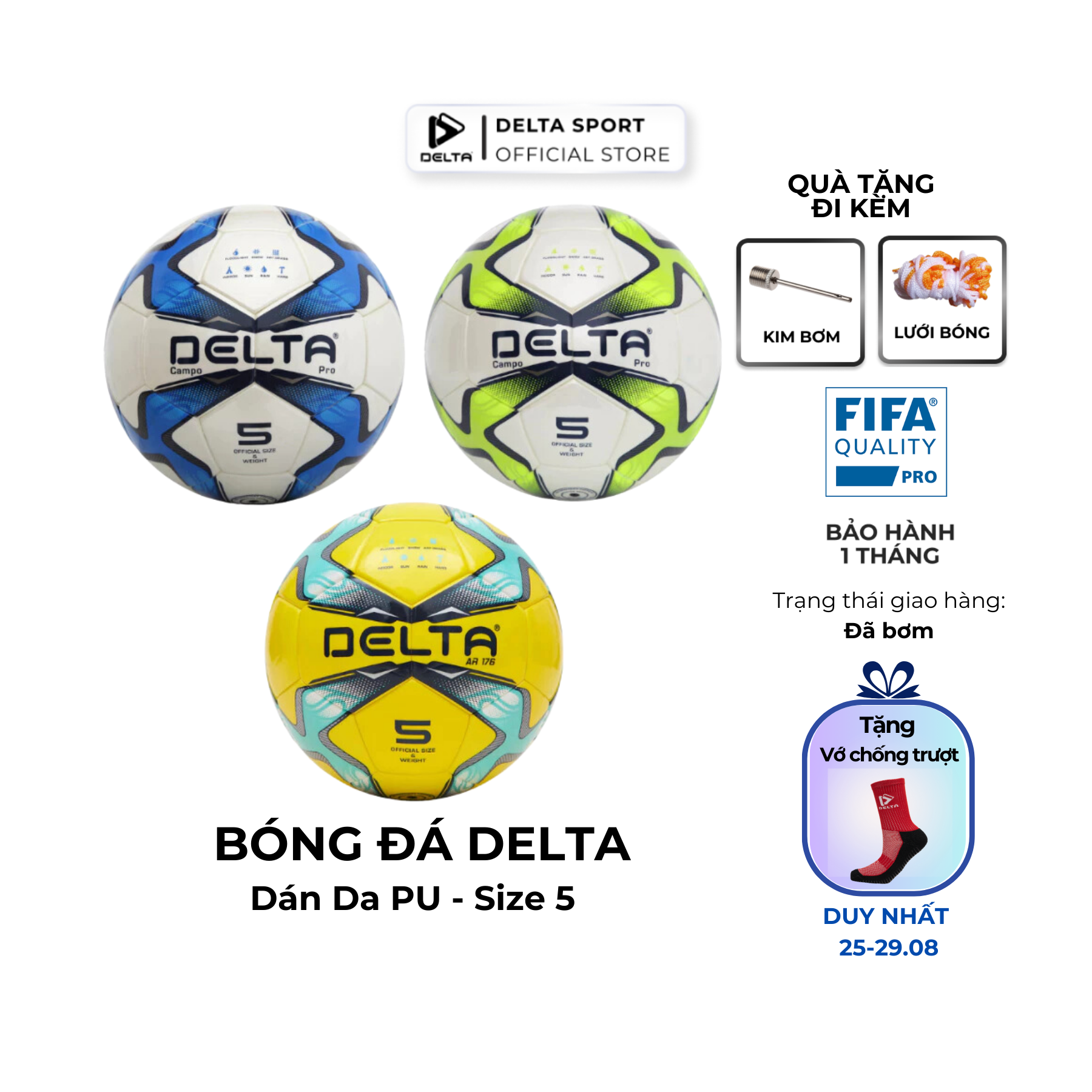 [Tặng kim bơm và Lưới bóng] Bóng đá ngoài trời DELTA 5D Campo AR176  size 5 chất liệu da PU dùng cho 12 tuổi trở lên, chơi trên nhiều loại sân.