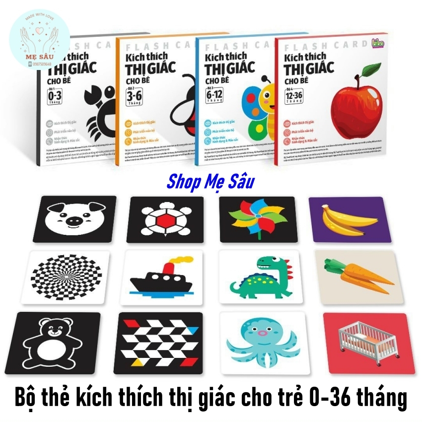 Thẻ kích thích thị giác cho bé Shop Mẹ Sâu, bộ kích thích thị giác cho trẻ 0-36 tháng tuổi trọn bộ 4 tập giúp kích thích thị giác phát triển não phải của trẻ, phát triển các giác quan và kích thích trí tưởng tượng cho bé