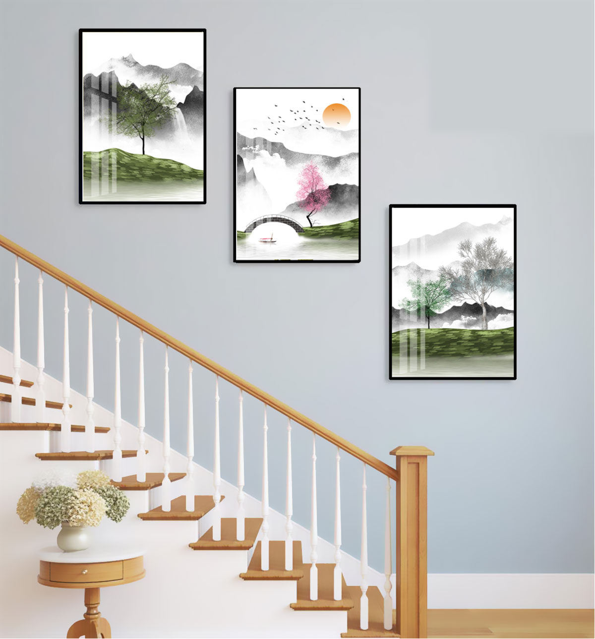 Nếu bạn đang tìm kiếm nét đặc trưng và hiện đại cho ngôi nhà của mình, hãy thử đặt một bức tranh treo cầu thang hiện đại. Mang lại sự mới mẻ cho bộ sưu tập tranh của bạn, chúng có thể tạo nên một điểm nhấn cho không gian sống của bạn.