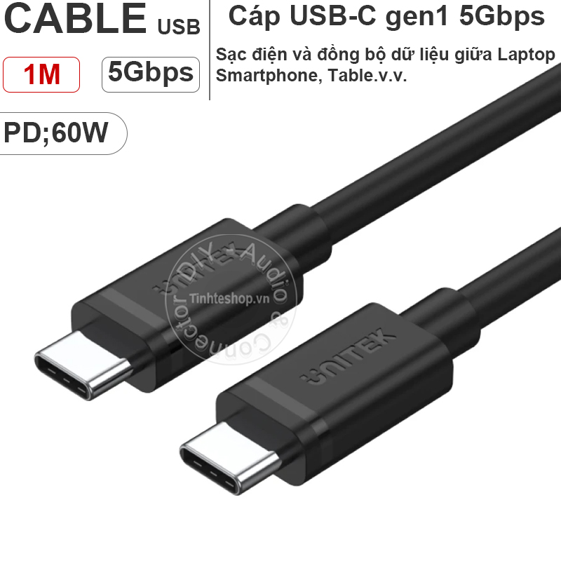 Cáp 2 đầu type c gen1 5gbps sạc nguồn 2.4a 1 mét unitek y-c477bk