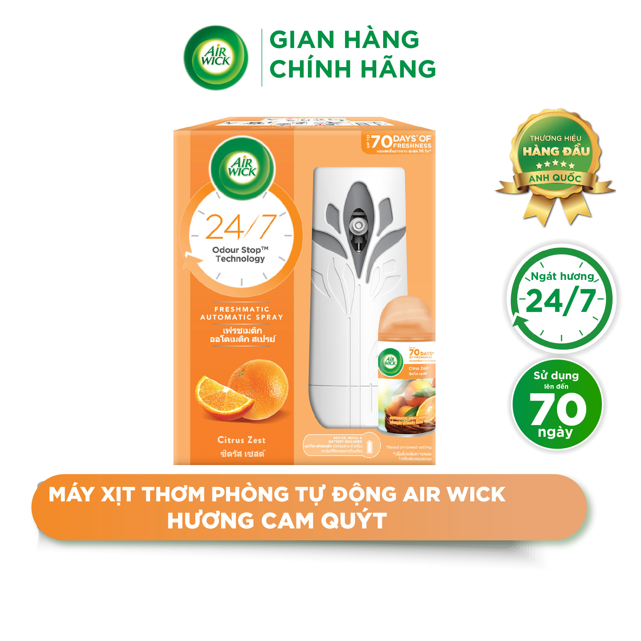 Máy xịt thơm phòng tự động AIRWICK hương Cam Quýt, Anh Quốc