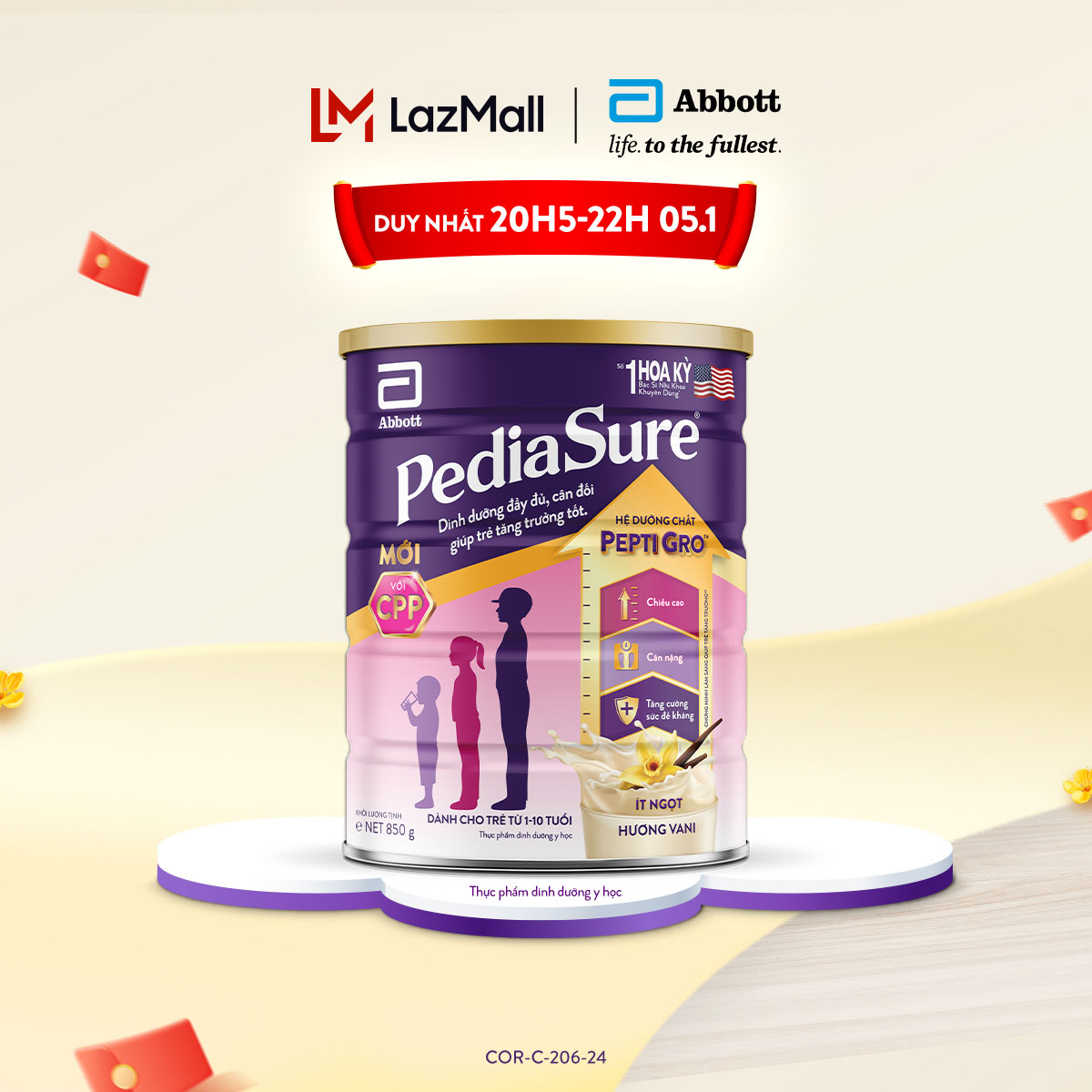 [CHỈ TỪ 20H 5.1 GIÁ TỐT- SĂN NGAY-SLCH] Lon sữa bột Pediasure hương vani ít ngọt 800G (mẫu mới)