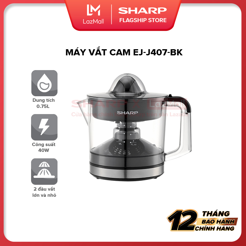 Máy Vắt Cam Công Suất 40W Sharp EJ-J407-WH/BK [Dung Tích 0.75 lít, 2 Đầu Vắt Lớn Nhỏ, Lưới Lọc 2 Lớp, Tự Động Đảo Chiều Vắt] - Hàng Chính Hãng Bảo Hành 12 tháng