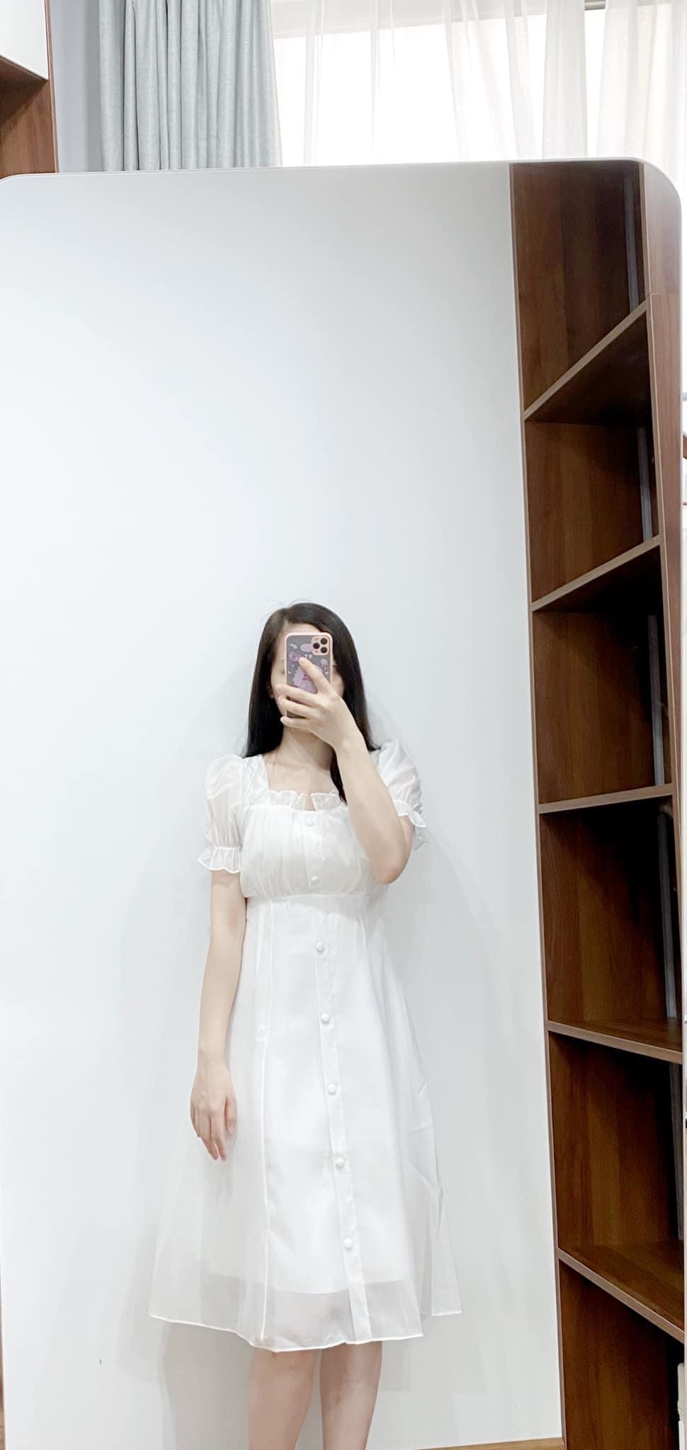 Váy Trắng tiểu thư cúc bọc 2 màu đi tiệc đi chơi , biển - Đầm cổ vuông dự tiệc tôn dáng