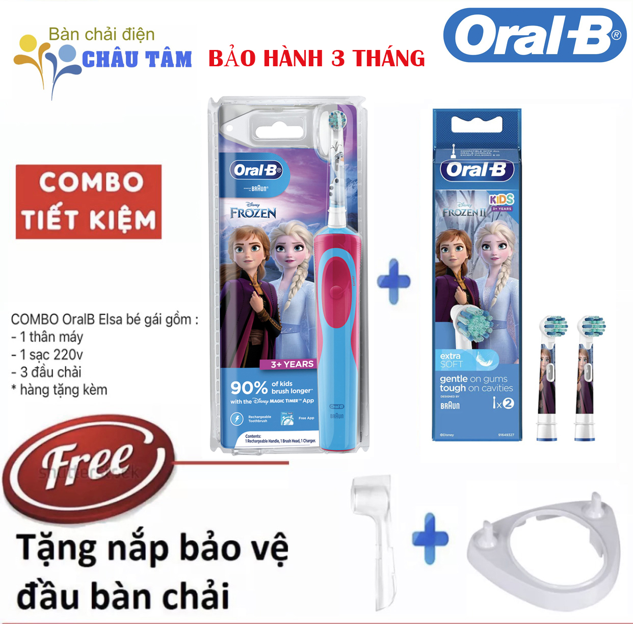 Combo tiết kiệm bàn chải điện oralb cho bé gái elsa + 2 đầu bàn chải elsa