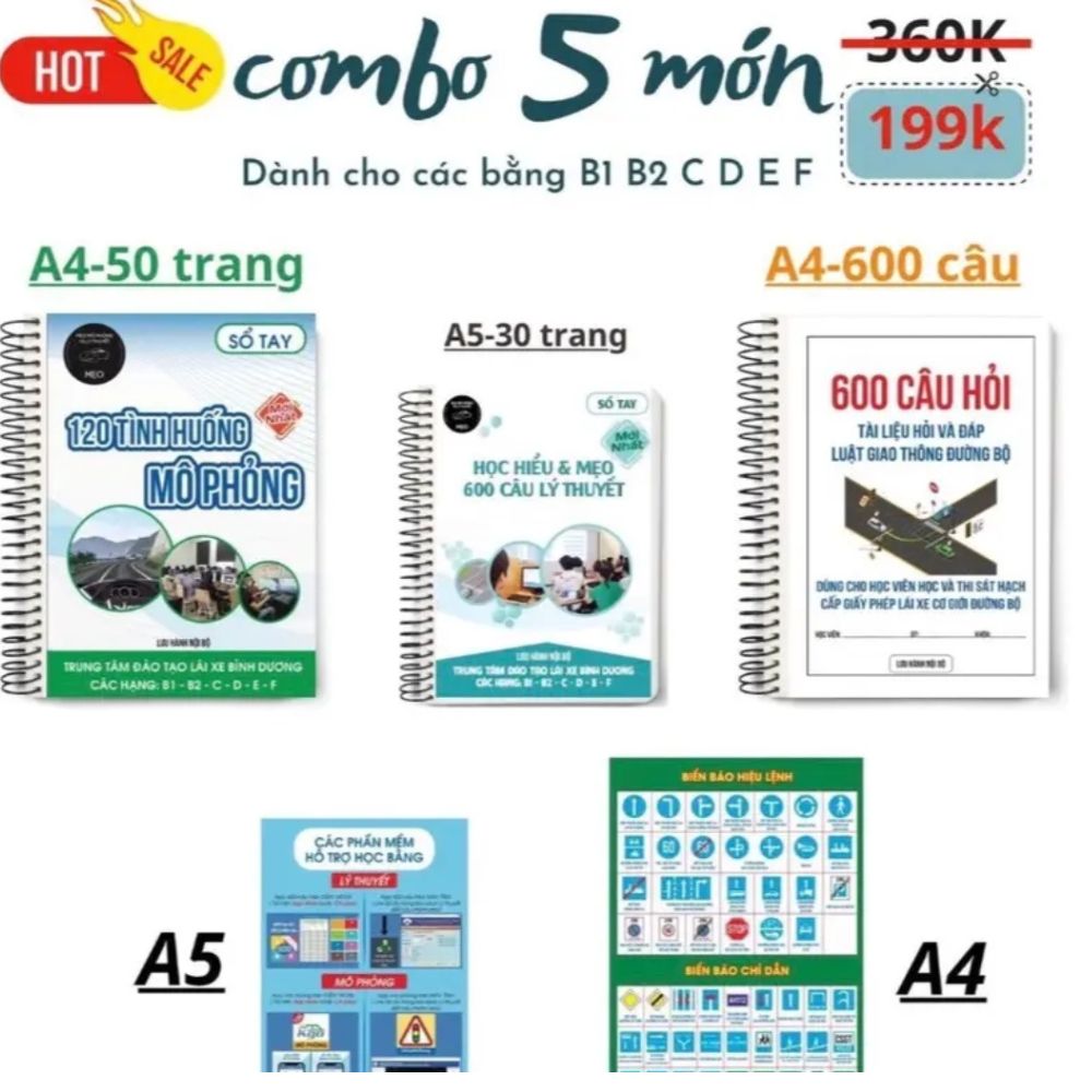 Combo 5 món sổ tay học lái xe, sổ tay mẹo 600 lý thuyết, mẹo 120 mô phỏng,sổ tay 600 câu và 2 tờ biển báo- Chính hãng