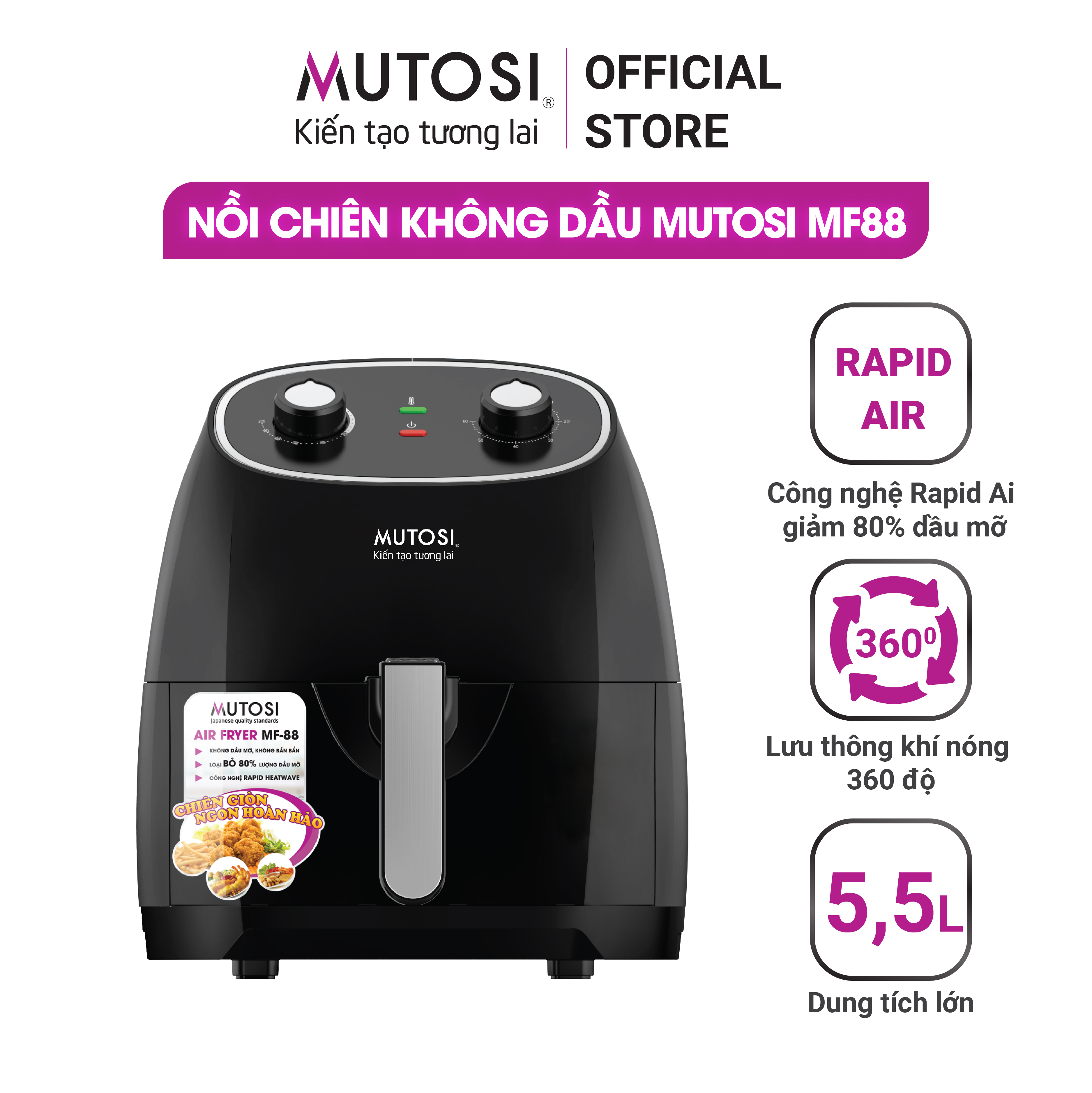 Nồi chiên không dầu điện tử 5.5l mutosi mf-88