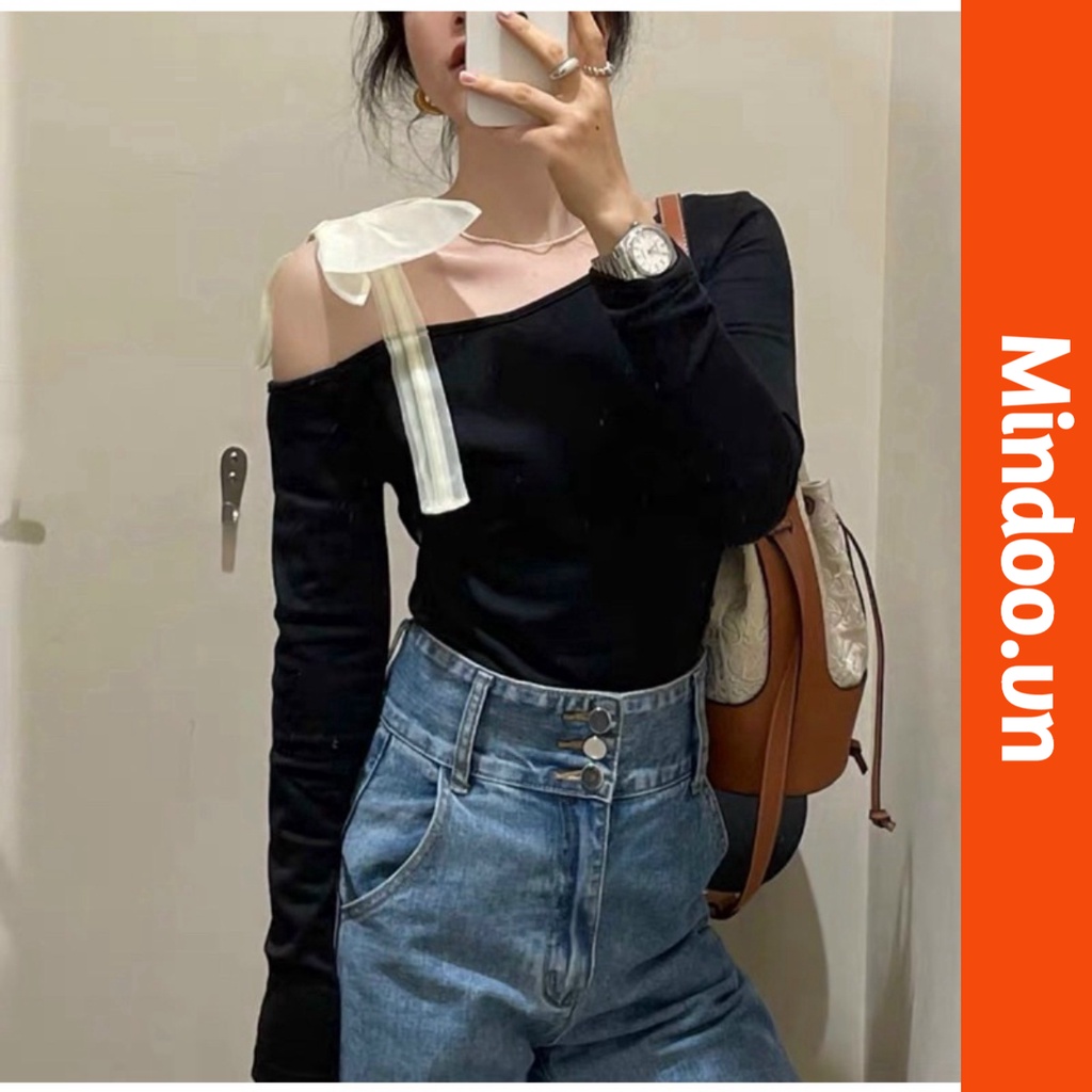 Áo Kiểu Nữ trễ vai vải thun phối nơ sang chảnh m117 Mindoo.vn DC