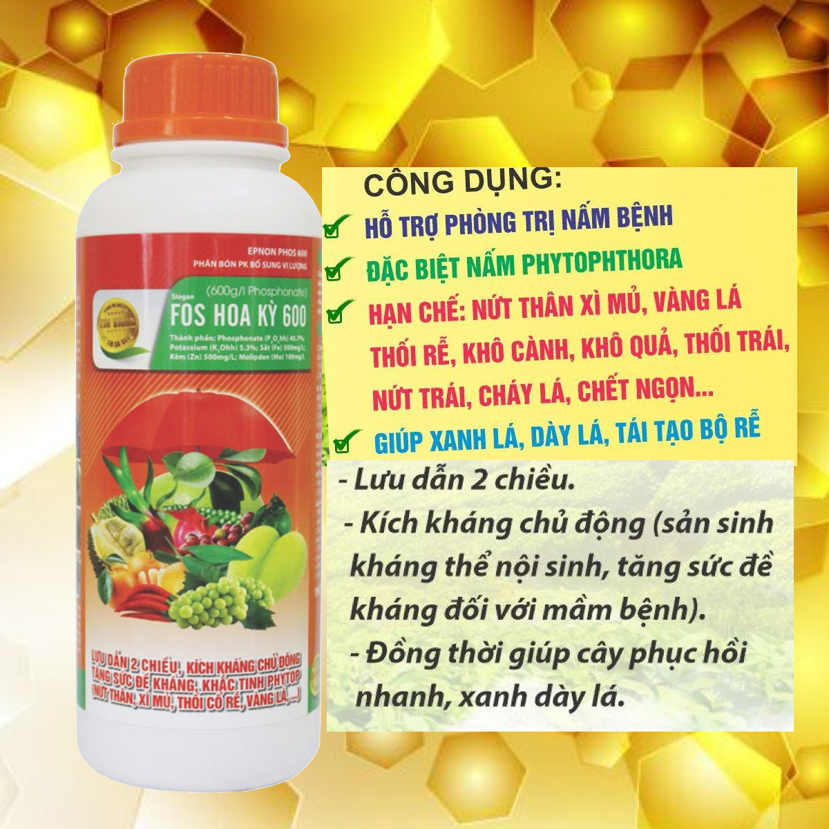 Fos hoa kỳ 600 nứt thân xì mủ vàng lá thối rễ