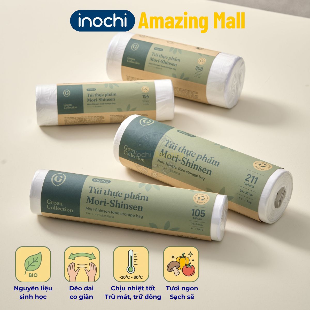 Túi thực phẩm Inochi Mori-Shinsen 0.5Kg / 1Kg túi đựng đồ ăn, túi chia thực phẩm cấp đông Inochi Amazing Mall