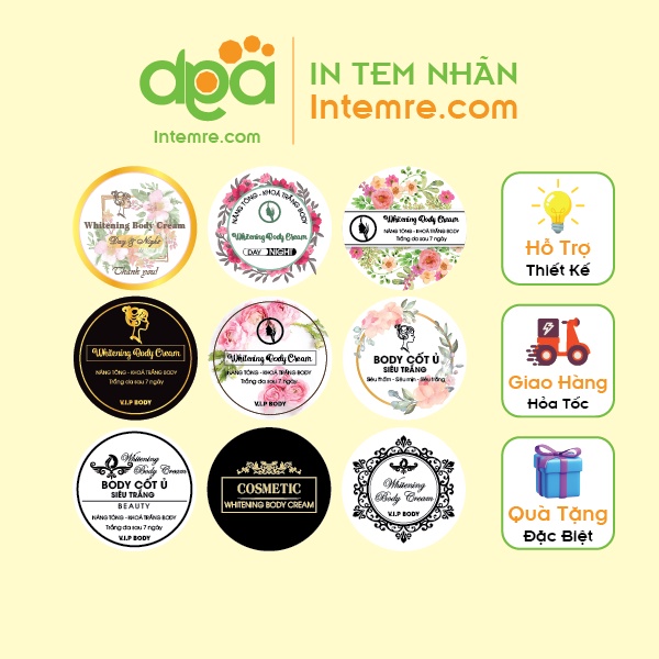 100 tem in nhãn giấy decan dán, intemre.com hủ kem cốt body, nhiều kích thước