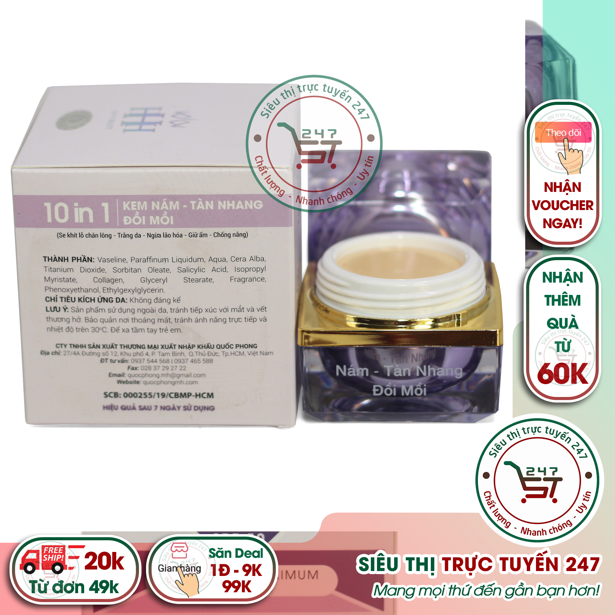 Kem mụn nám HHH collagen thảo dược Trắng da Chống nắng Giảm lão hóa 12g