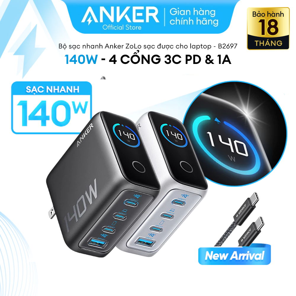 Bộ sạc nhanh Anker ZoLo 140W (4 cổng, GaN) 3 USB-C PD  1 USB-A sạc 4 thiết bị cùng lúc - sạc được cho laptop - B2697