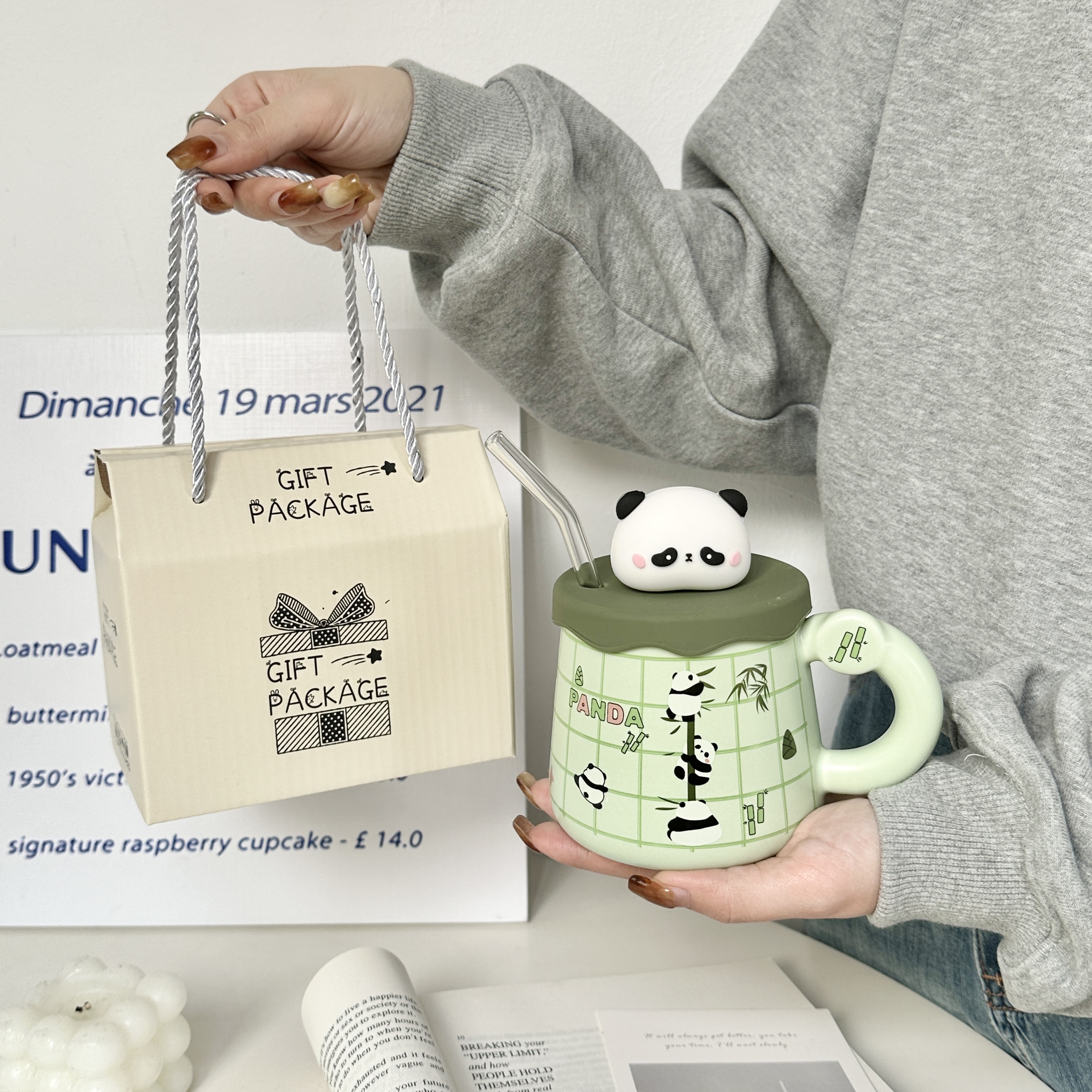  Cốc uống nước cốc sứ hình gấu trúc dễ thương làm quà sinh nhật quà tặng 400ml+Ống hút thuỷ tinh XMB 