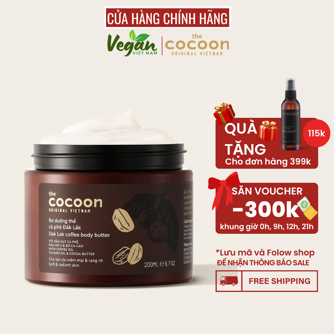 Bơ dưỡng thể cà phê Đăk Lăk cocoon 200ml giúp cấp ẩm làm mềm da - Vegan Việt Nam