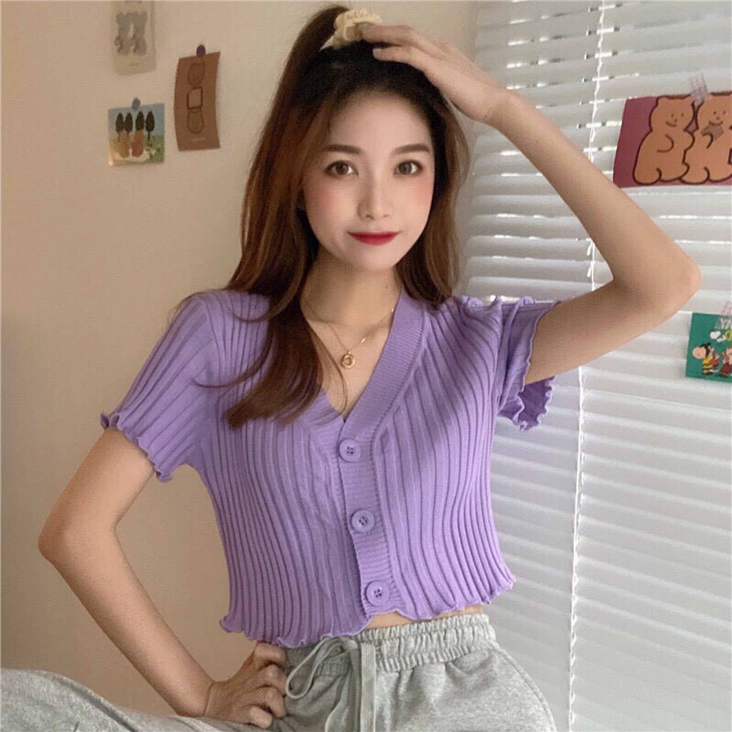Áo thun nữ croptop ngắn tay có khuy nút - DUSKY