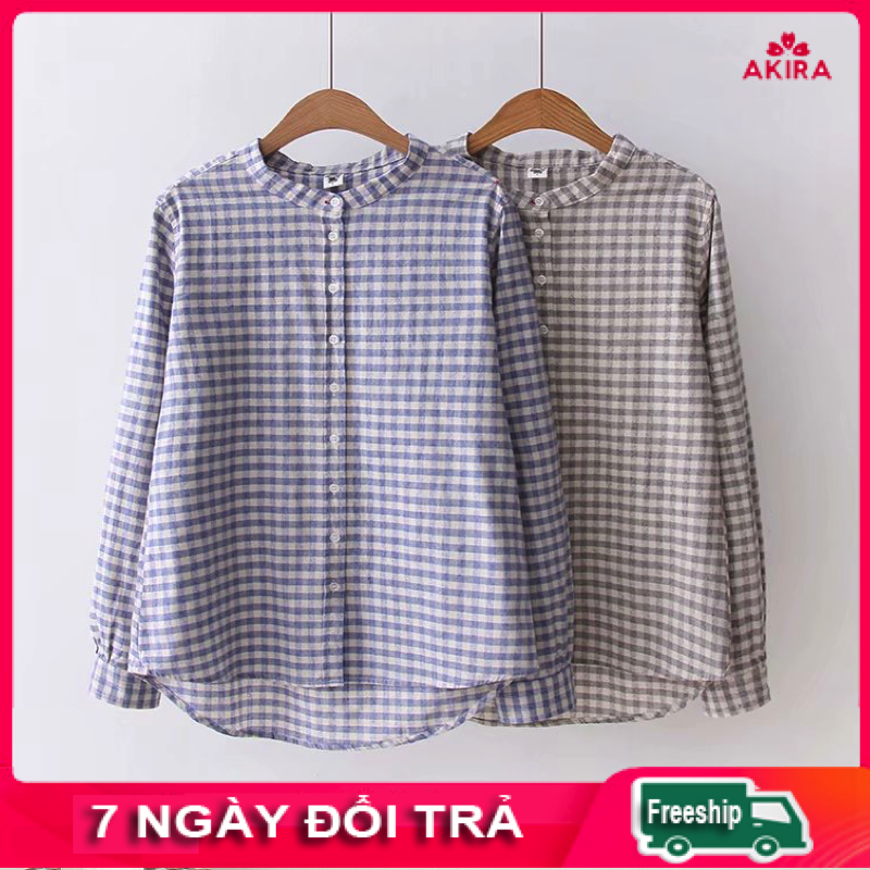 Áo sơ mi nữ kẻ ca rô cổ trụ, Áo sơ mi kẻ ca rô dài tay cổ tàu - áo sơ mi nữ morigirl