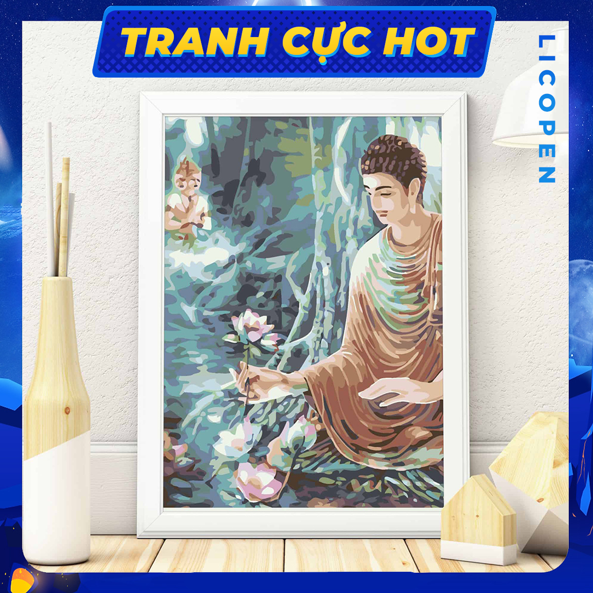 🔥 tranh sơn dầu số hóa licopen 40x50cm tranh phật thích ca thưởng sen - ms87 hàng có sẵn giao ngay