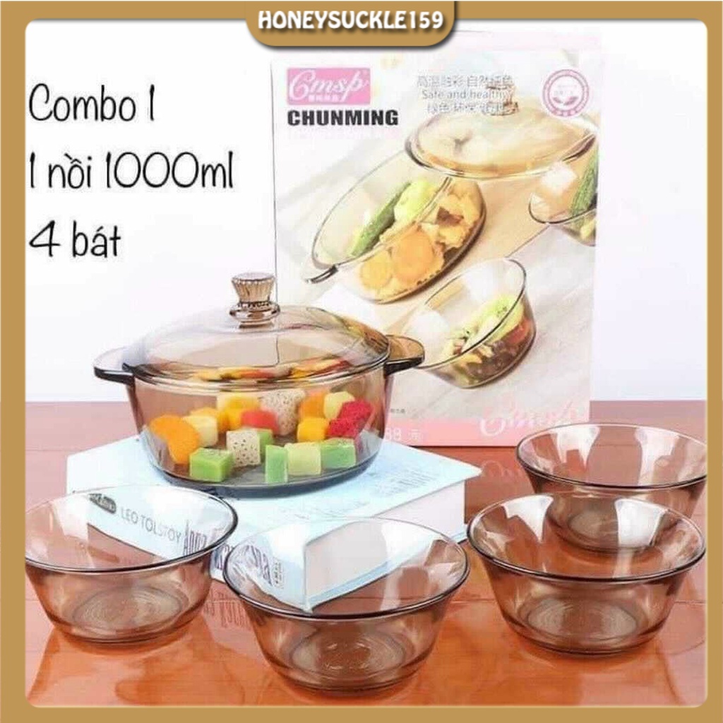 Bộ chén bát thủy tinh siêu dày chunming cao cấp chịu nhiệt và cường lực, bao gồm 5 bộ sản phẩm 1 nồi và 4 bát