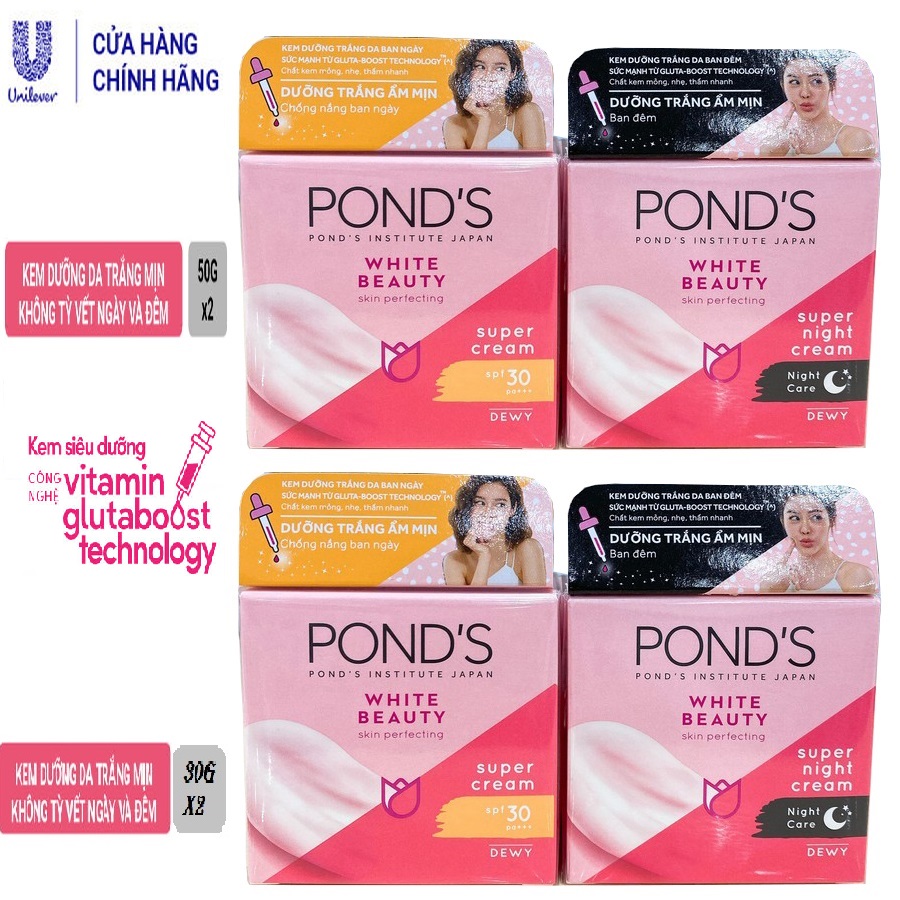 Combo Kem Dưỡng Da Pond's White Beauty Trắng Mịn Không Tỳ Vết Ngày Và Đêm (50g x 2)và (30g x 2)