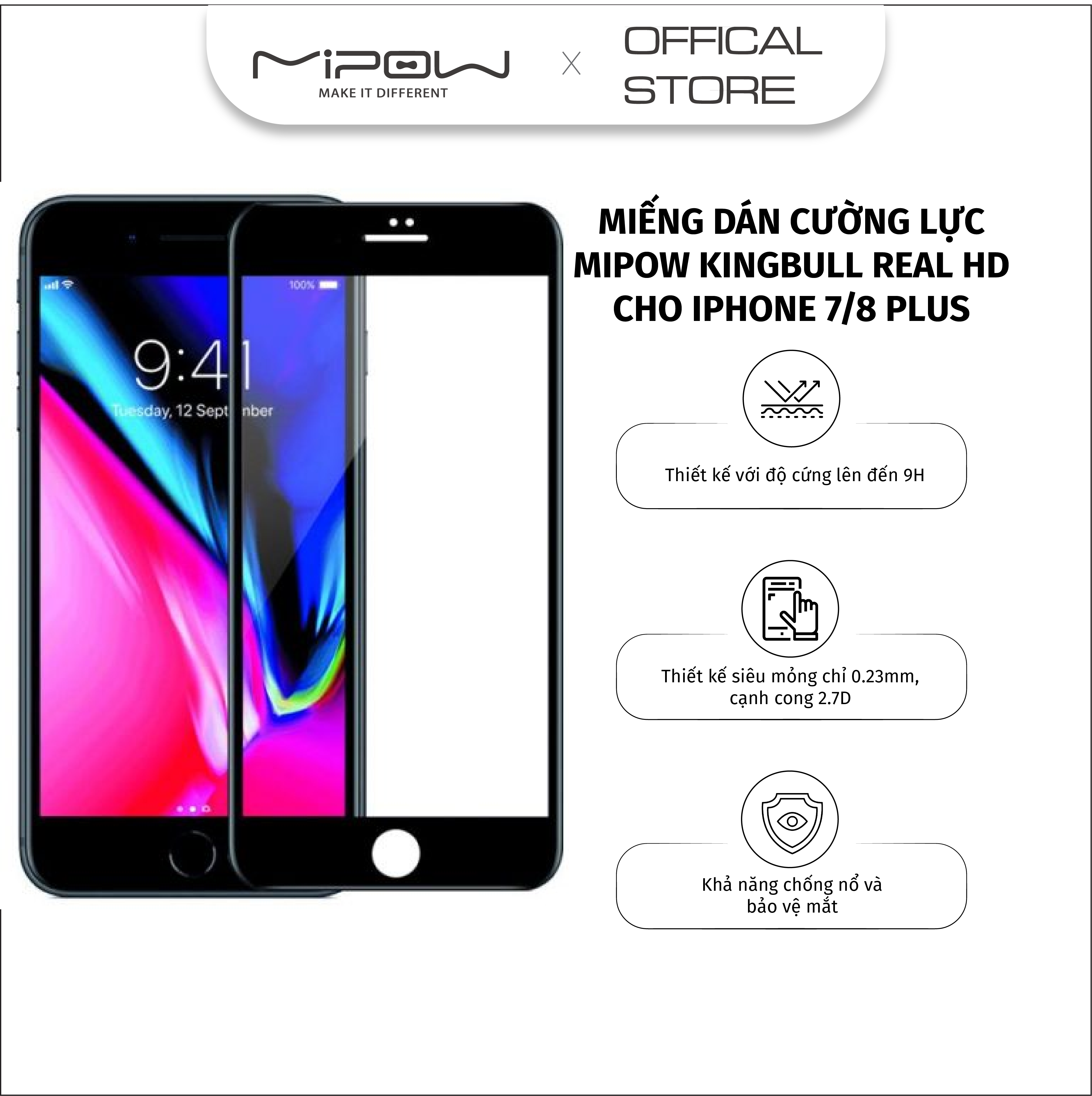 Miếng dán cường lực mipow kingbull real hd for iphone 7/8