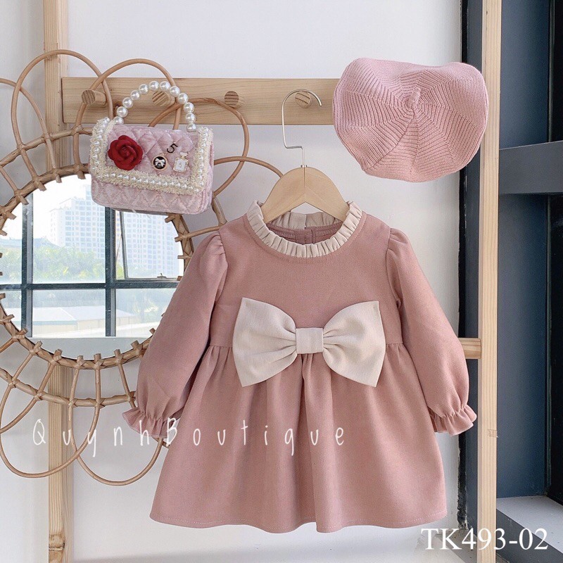 Quần áo trẻ em Quỳnh boutique, váy hoa hoạ tiết nơ ngực(5-35kg)