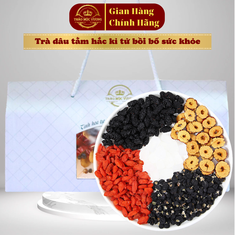 Trà bồi bổ sức khỏe Thảo Mộc Vương - bổ máu - mát gan - thanh nhiệt gồm hắc kỉ tử, kỉ tử đỏ, táo đỏ, dâu tằm, đường phèn