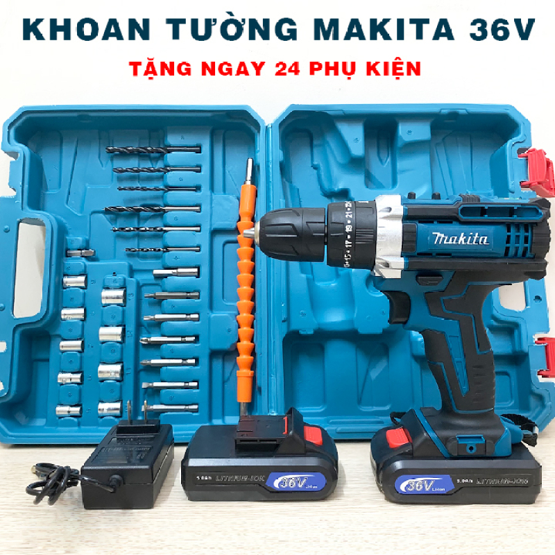 Máy khoan pin 36V Makita 3 chức năng có búa - Tặng kèm 24 chi tiết gồm các mũi khoan + Mũi bắt vít