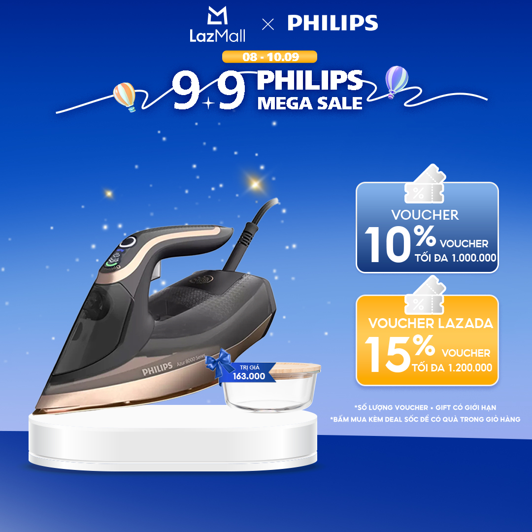 Bàn Ủi Hơi Nước Philips DST8041/80 Azure 8000 Series - Công Suất Mạnh Mẽ 3000W, Optimaltemp Không Cháy, Khoang Chứa Nước 350ML, Hơi Phun 80G/Phút, Dynamiq Cảm Biến Hơi Phun Tự Động - Hàng Ph