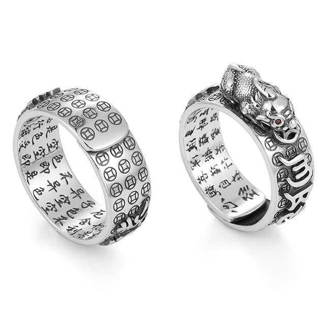 Nhẫn nam phong thủy khắc Tâm kinh bạc S990 hình Tỳ Hưu mang tài lộc và may mắn đến cho người đeo