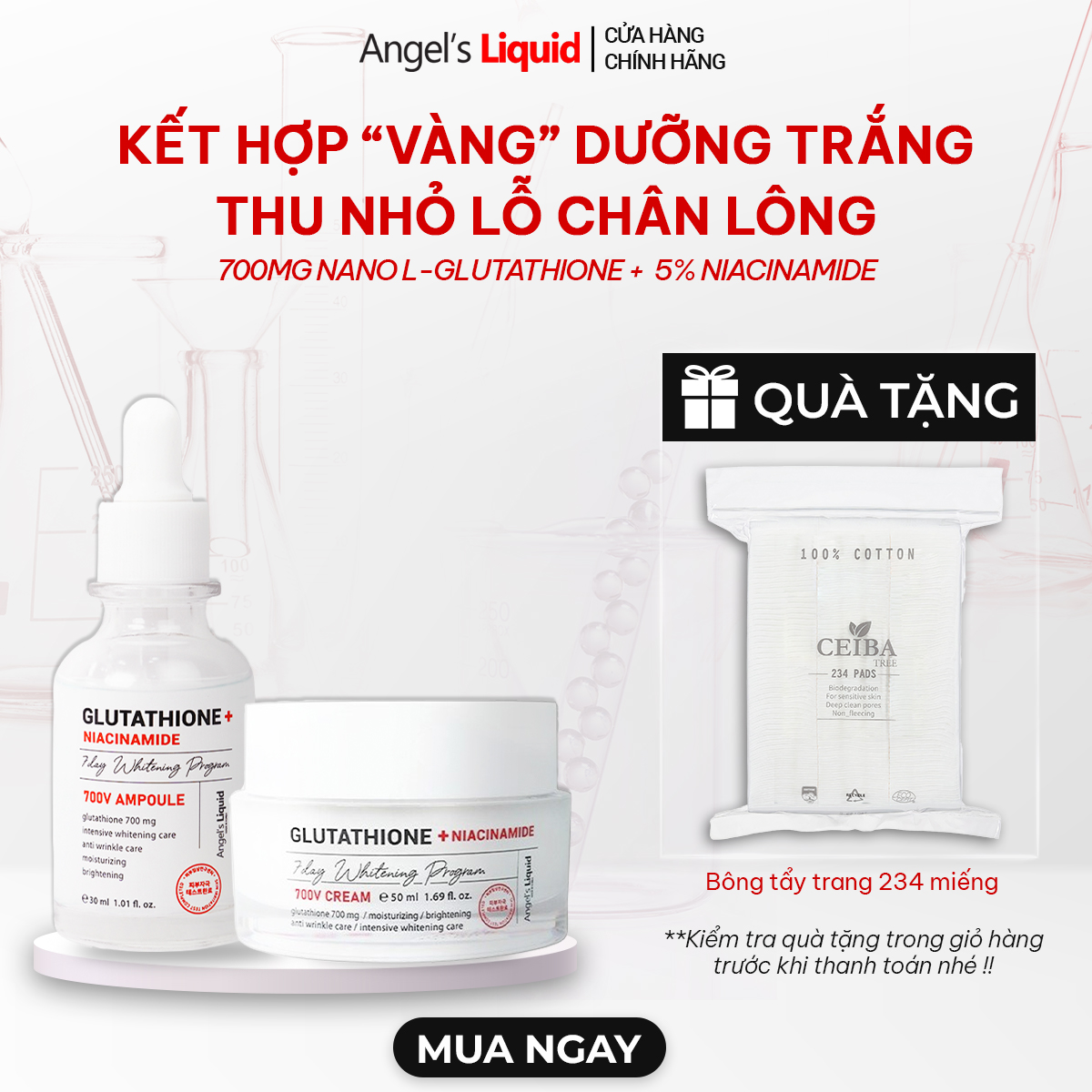 Bộ Đôi Serum, Kem Dưỡng Trắng Se Khít Lỗ Chân Lông Angel's Liquid Glutathione Plus Niacinamide Serum & Cream